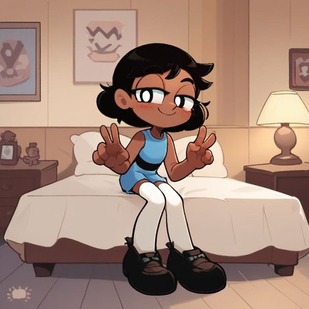 score_9, score_8_up, score_7_up, score_6_up, score_5_up, score_4_up, BREAK, source_anime, connie_maheswaran, indoors, black hair, small breasts, black footwear, white thighhighs, smile, smug, blush, blue top, sleeveless, blue miniskirt, peace sign, pantsless, powerpuff, dark-skinned female, 1girl, sitting, indoors, living room, on bed,