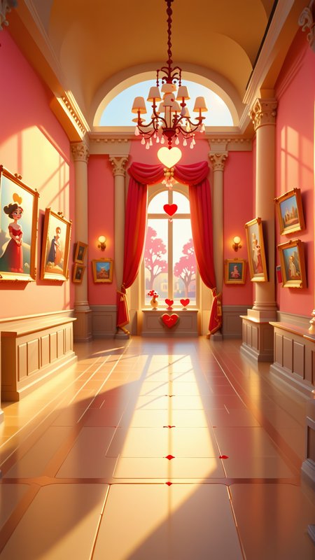 cartoon style,<lora:valentine's day date_XSE_GAME_V1:0.8>,valentine's day date,the warm sunshine,an empty museum,
