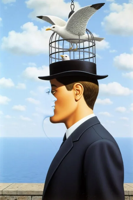 renemag1 painting.
On the left, the ghostly side profile of a woman is merged with the face of a man. The man on the right is dressed in a dark suit with a white shirt, and his hair is neatly combed. His hat is a bird cage with two seagulls. The background is a calm sea with a blue sky above with white clouds. <lora:renemag1_cap_d6a3:1.0><lora:829554160203638592:0>