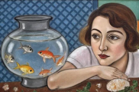 henrimatisse1 painting. 
Close up of a woman looking at a fishbowl. On the right is a woman resting her head on a table, looking contemplatively at a fishbowl containing colorful fish. Her hair is short and styled in soft waves. On the left is the fishbowl, with a number of fish swimming inside. The background features a blue, lattice-like pattern. The table is adorned with various objects, including what looks like a shell and some greenery.  <lora:henrimatisse1_f16e11:1.0><lora:870762827353191522:0>