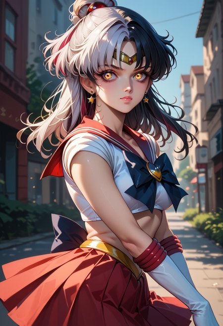 score_9, score_8_up, score_7_up,
ShioriNovella, split-color hair, white hair, black hair, yellow eyes,
sailor senshi uniform, red skirt