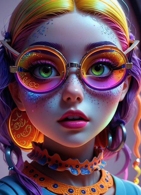 kawaii style Ombre color scheme of neon blue, neon pink, neon yellow, neon green, neon orange, Caricature, cartoon girl with glasses, in the style of natalie shau, junya watanabe, bill gekas, exquisite detail, psychedelic manga, 8k 3d <lora:sss:0.8> <lora:envyStarlight_v10:0.8> <lora:Cute_3D_Cartoon:0.25>, subsurface scattering, Photorealistic, Hyperrealistic, analog style, realistic, film photography, soft lighting, heavy shadow, exaggerated, comical, caricature  . cute, adorable, brightly colored, cheerful, anime influence, highly detailed