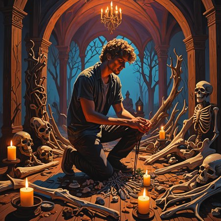 a vivid messy oil painting of a youngish guy kneeling before an amateur pagan altar made of animal bones and duct tape, vivid evening hues, aura of menace, (silhouette), (shadows), illustration, highly detailed, high quality,