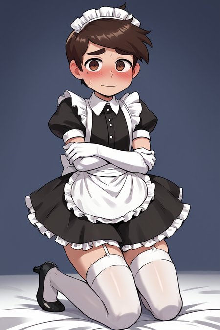 score 6 up,score 7 up, score 8 up,score 9,blush,short sleeves,looking at viewer,  <lora:marco_diaz:0.7>,marco diaz,brown hair,mole under left eye,short hair,solo,thick eyebrows,<lora:Lucyla_Art_Style:0.4>,male focus,maid headdress,maid uniform,,embarrassed,black heels,white elbow gloves, white stockings