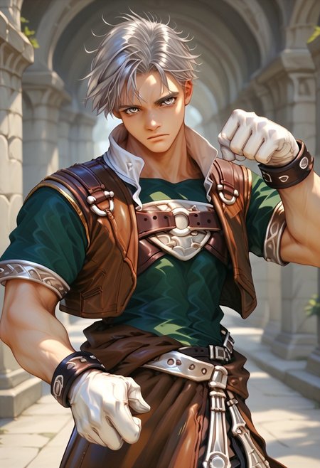 score_9, score_8_up, score_7_up, male focus, toned male, natgra2, gray eyes, short hair, silver hair, steel greaves, plated footwear, brown skirt, black pants, green shirt, brown leather vest, silver belts, white gloves, silver chest plate, head focus, paw pose,