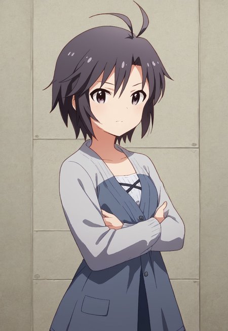 safe_pos, score_9, score_8_up, score_7_up, source_anime,  scenic background, kkcmkt, Kikuchi Makoto, kkcmkt, hair between eyes, flat chest,  small breasts,<lora:KikuchiMakoto_pony_v1:0.9> kikuchi makoto, short hair, black hair, antenna hair, black eyes, 