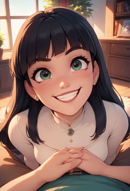 score_9, score_8_up, score_8_up, 1girl, 1boy, sexy 18yo white caucasian girl, (cute, adorable, innocent),  (black hair), fringe, long hair, (small breasts;1.3)  narrow hips, breasts exposed, source comic book, green eyes, pastel colors, colour theory, high res image, masterpiece, (living room in the background:1.5), view pov, (man pov), girl kneeling and looking up with ((adoration)) ((affection)) ((arousal)), blushing, (((((mischievous grin))))), (((horny))), close up, face detail,