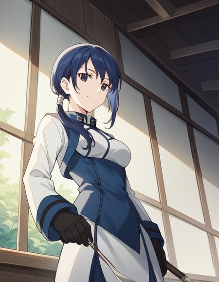 score_9, score_8_up, score_7_up, source_anime, <lora:grimgar-merry-s1-ponyxl-lora-nochekaiser:1>, merry, short hair, blue hair, black eyes, ponytail, low ponytail, side locks, medium breasts, gloves, pantyhose, uniform, long sleeves, white uniform, blue uniform,, museum, art exhibit, paintings, observing, quiet contemplation, cultural experience, smile, looking at viewer, from below, solo,, cowboy shot, dutch angle