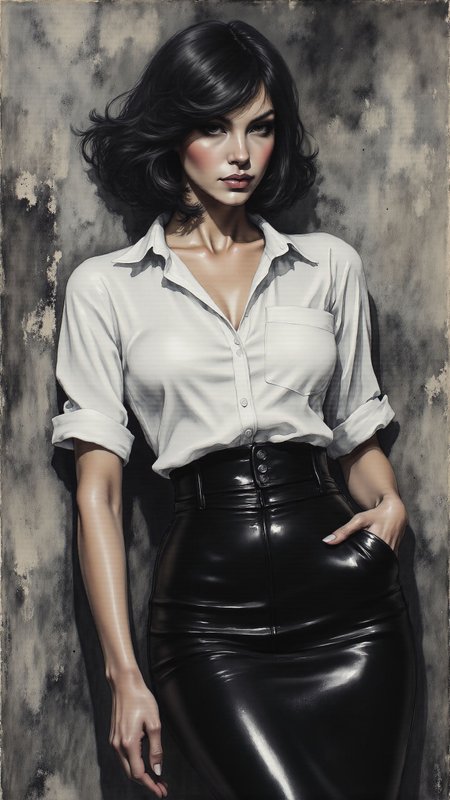 A commanding woman leans against a rough concrete wall in a dimly lit room. Her short, severe hairstyle is inked with precise, crisp Sumi-e strokes, flowing seamlessly into the contours of her face. Her white shirt, rendered in delicate ink washes, appears stretched over her figure, its buttons barely holding. The glossy latex pencil skirt contrasts starkly, drawn with heavy, textured charcoal marks that capture its reflective sheen. The concrete walls are abstractly sketched in smoky charcoal, with faint ink washes hinting at moisture trails. The scene is both intimate and imposing, with the blend of Sumi-e fluidity and charcoal depth emphasizing her magnetic dominance.,   <lora:ZenInkWashSumi-eFlux:1> arsmjstyle,   <lora:Charcoal V2:1> charcoal drawing