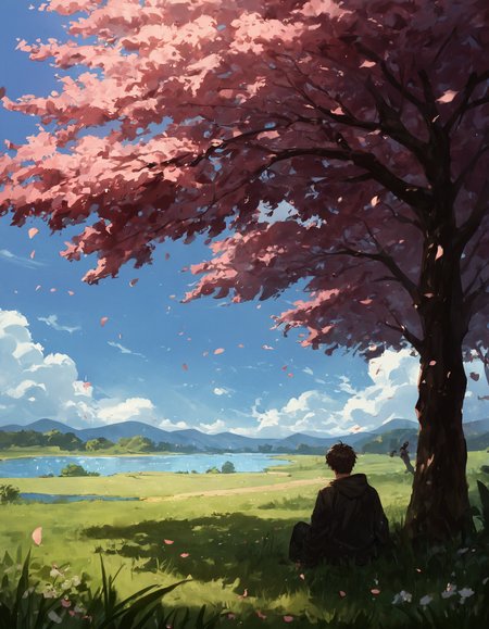 score_9, score_8_up,score_7_up,score_6_up, cherry blossoms, falling petals, clouds, park, grass, light rays, lake,  1boy, solo, sitting, facing away,  <lora:ScenicHorizonsV2:.8> sc3nery