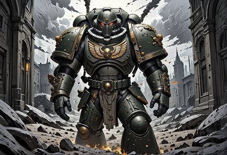 Warhammer 40k Mark X Power Armor Primaris Marines towering over a chaos and desolate battlefield, detail background, straight on angle shot, Full body shot, closed-up, ultra-realistic 32k resolution, official art styled digital painting, intricate armor engravings catching realistic lighting, film grain texture overlay, reversal film effect, high quality, detailed realistic background with scattered futuristic debris, shadowed craters, misty atmosphere, cinematic.