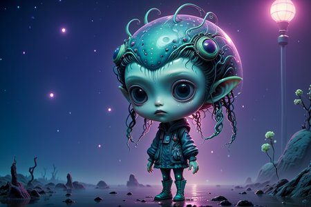 cute little Japanese (alien:1.1) anime, l, detailed scene, perfect face, intricately detailed photorealism, trending on artstation, neon lights, misty night, stunning full body anime art by (Mark Ryden:1.1)   <lora:Nicoletta_Ceccoli_2:0.4> Nicoletta Ceccoli  <lora:another-bored-monsters:0.45> fx-monsters <lora:AnotherBoredDetailXL:0.7>, subsurface scattering, ultra hd, 4k, high def, Photorealistic, Hyperrealistic, Hyper detailed, analog style, realistic, masterpiece, best quality, ultra realistic, 8k, Intricate, High Detail, film photography, soft lighting,  heavy shadow