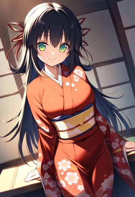 masterpiece,high score,great score,absurdres,<lora:Kiryuuin Rindou_ani4_xl_v1-000010:1>,
1girl,solo,black hair,long hair,green eyes,hair ribbon,looking at viewer,red ribbon,smile,kiryuuin rindou,kimono,japanese clothes,standing,