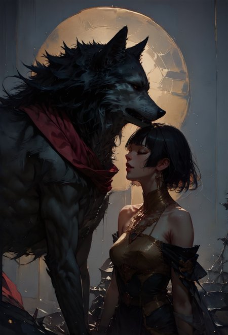 score_9, score_8_up, score_7_up,  1girl, short hair, black hair, hime cut, princess, red scarf, black wolf, gold  <lora:pony/twilight_style:0.8> <lora:pony/expressiveh:0.8> expressiveh <lora:pony/vixon_gold:0.65> g0ldl34f <lora:sdxl/sinfully_stylish_sdxl>