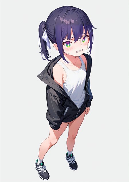 (best quality, masterpiece:1.2),
full body, 
1girl, solo,
petite, ponytail, short hair,
black hair, hair ribbon, two-tone hair,  looking up, 
multicolored eyes, green eyes, purple eyes, white pupils, 
black jacket, white tank top, 
black pants,  bare legs, white legwear, black sneakers, 
standing, 
highres,sharp focus,Professional,Impasto,
front view, medium view,
reality_ray_tracing,ambient_light,
simple background, grey background, 
<lora:ASYLJ77-000009-XL-02:0.9>