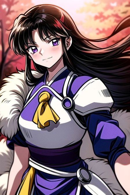 masterpiece,  best quality 1girl Setsun4 solo long hair,  (night time) forest background black hair very long hair purple eyes multicolored hair armor (fur trim) (medium body),<lora:EMS-179-EMS:0.800000>,<lora:EMS-293862-EMS:0.800000> bow, hair_bow, hair_tubes, red_bow, brown_hair, long_hair, bangs, ascot, frilled_bow, yellow_ascot, blush, smile, hair_between_eyes, athletic, armor, miko