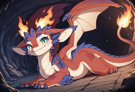 masterpiece, best quality, amazing quality, furry only, furry114514, smolder_(LoL), dragon, solo, 1boy, feral, 
 in cave, fire tipped tail, prone, on stone ground, front view, side angle, looking at viewer, relaxed smile, warm smile,