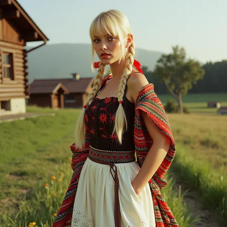 analog photography, shot by Kodak Duaflex II, ultra detailed, ultra quality, cinematic,  dynamic posing, sensual pose, bangs, a mesmerizing woman with platinum blond hair woven into an elegant braid, adorned with bright red ribbons, standing in a lush meadow. She wears a traditional Romanian blouse (ie) with intricate black and red embroidery, symbolizing fertility and protection. Her flowing white skirt features delicate floral lace along the hem, and a wide, beaded belt accentuates her waist. Over her shoulders, she drapes a vibrantly woven wool shawl with geometric patterns. Her gaze is soft and mysterious, her Slavic cheekbones illuminated by the golden sunset as she stands near a quaint wooden village.  <lora:Janacovaxhres-grm80vx:1> jancov