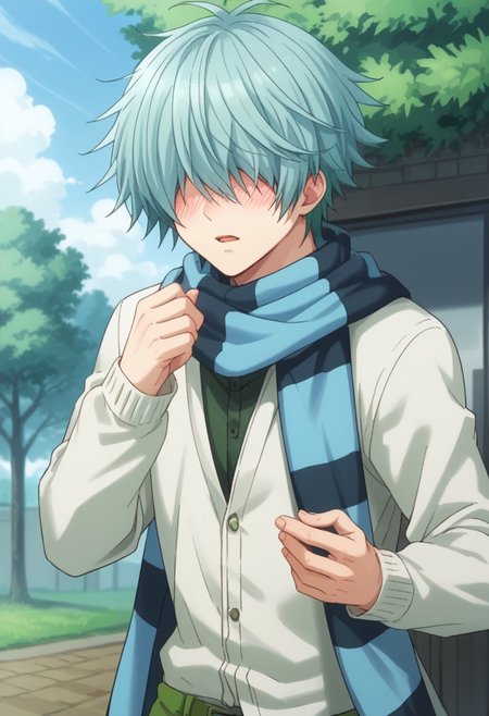 score_9, score_8_up, score_7_up, source_anime, highly detailed, 
kouta, 1boy, solo, scarf, male focus, hair over eyes, striped, aqua hair, striped scarf, pants, green pants, jacket, white jacket, upper body, blush, panicking, hands up,
outdoor, sky, tree