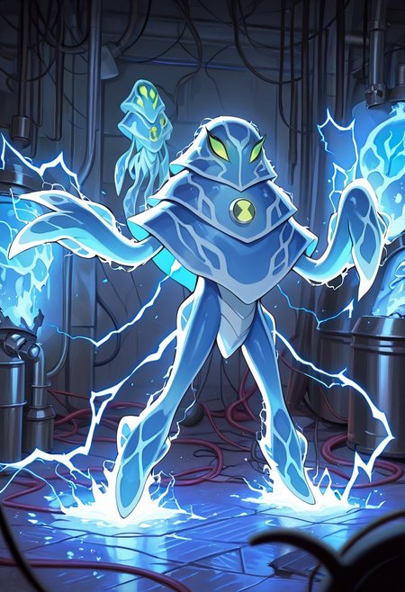 masterpiece, best quality, amazing quality, very aesthetic, absurdres, newest,, detailed background, 
 ampfibian, full body, pokemon (creature), no humans, colored sclera, green eyes, blue skin, tentacles, extra eyes, colored skin, squid, jellyfish,   no mouth, 
LightningBeing, electricity, glowing skin, dynamic pose, sci fi lab, foreground blur, metal pipes, cables, destroyed sci fi lab,
