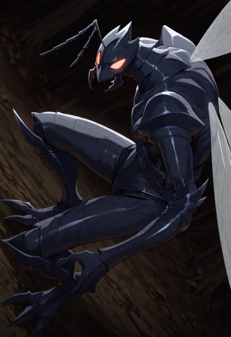masterpiece, best quality, score_9, score_8_up, score_7_up, score_6_up, score_5_up, score_4_up, source_furry, , male, anthro, Beru, ant, black ant, wings,  at night, dark theme,  (dynamic pose:1),  three quarter view, manga shadding, simple sahdding,  (solo:1), (3 toes:1), sportive figure, (gaster:1.2), side view, (nice angle:1.4), fullbody