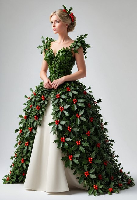 M1STL3T03, (medium full shot) of A woman wearing a dress made of holly mistletoe, , best quality, masterpiece