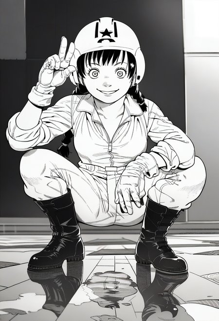 score_9, score_8_up, score_7_up, score_6_up, source_anime, <lora:mion_hoshioka:1>, monochrome, greyscale,
mion_hoshioka, 1girl, solo, twin braids, helmet,
jumpsuit, sleeves rolled up, gloves, boots,
looking at viewer, squatting, v sign, smile, reflective floor,