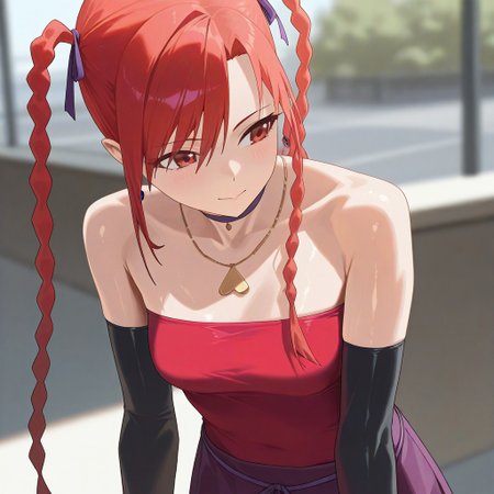(best_quality, detailed, masterpiece, very_aesthetic, absurdres), general, m.q \(mqkyrie\), (zuharu:0.5)
BREAK
1girl, small breasts, upper_body, adult, ambient occlusion, ray tracing, shiny skin, blurry background, shadow 
BREAK 
sumiresmtnine, red hair, long hair, twin tails, choker, hair ribbon, earrings, necklace, red tube top, sleeveless, black elbow gloves, brown gloves, purple skirt