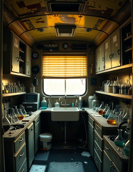 The interior of an old RV converted into a clandestine drug laboratory, inspired by the TV series Breaking Bad. The space is cramped and messy, filled with scientific equipment, glass beakers, flasks, burners, chemical containers, and lab tools scattered around. The walls are aged and stained, with peeling wallpaper and old metallic cabinets. A small sink area is cluttered with dirty lab glassware. The lighting is dim and tinted yellow, with sunlight barely filtering through dusty blinds. The floor is grimy, with a mix of rubber mats and worn carpet. The overall atmosphere is tense and gritty, capturing a sense of secrecy and danger. Hyper-realistic style, cinematic composition, rich in textures and shadows.
<lora:SDXLFaeTastic2400:0.4> <lora:extremely_detailed:0.4> extremely detailed,<lora:old_RV_drug_l4b0r4t0ry:1>,old RV drug l4b0r4t0ry, Masterpiece,best quality,hi res,8k,hi res,8k,award winning,(sharp focus, intricate, highly detailed),