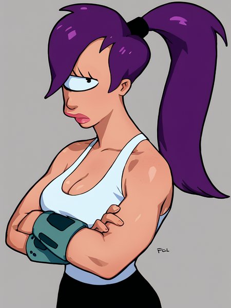 <lora:LeelaPony1.0:1> leela, 1girl, purple hair, one-eyed, cyclops, ponytail, long hair, solo, breasts, cleavage, white tank top, black pants, boots, lips,looking at viewer, crossed arms,, score_9, score_8_up, score_7_up, score_6_up