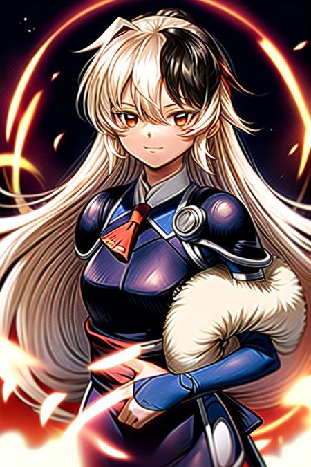 best quality 1girl Setsun4 solo long hair,  (night time) forest background black hair very long hair purple eyes multicolored hair armor, small, (fur trim) (medium body),<lora:EMS-179-EMS:0.800000>,<lora:EMS-293862-EMS:0.800000> bow, hair_bow, hair_tubes, red_bow, brown_hair, long_hair, bangs, ascot, frilled_bow, yellow_ascot, blush, smile, hair_between_eyes, athletic, armor, miko, strengthmda,  Smiling, happy, dragoon helmet
