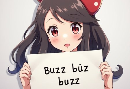 anime girl from pokemon series holding sign it say "buzz buzz buzz" , pokemon style