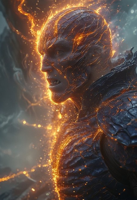 Astral Aura, (auralora:1.2), dark fantasy aesthetics, movie poster, centered composition, close-up photography by Geof Kern. portrait, (draconic theme:1.1) (glowing fiery eyes:1.05),  (mouth open:0.65), elemental fiery armored champion, [heavy armor:molten rock:2], covered in molten rock,  flowing lava, cracks, steam, dynamic pose,    obsidian in background,   cinematic cataclysmic atmosphere,. (Detailed face, detailed skin, skin texture, skin pores, (freckles:0.9)). (ethereal wisps and Sparks, dust particles, particle system:1.4). Gritty, raw, emotional, liminal fog, shimmering light. A mesmerizing blend of light and shadows. <lora:Aurastronger_SDXL:1>, astral, colorful aura, vibrant energy