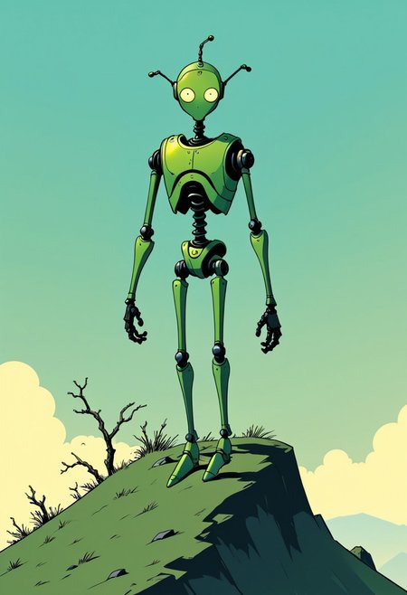 SimpleIllustration A contorted android figure stands on a wind-swept hill, style of Mike Mignola