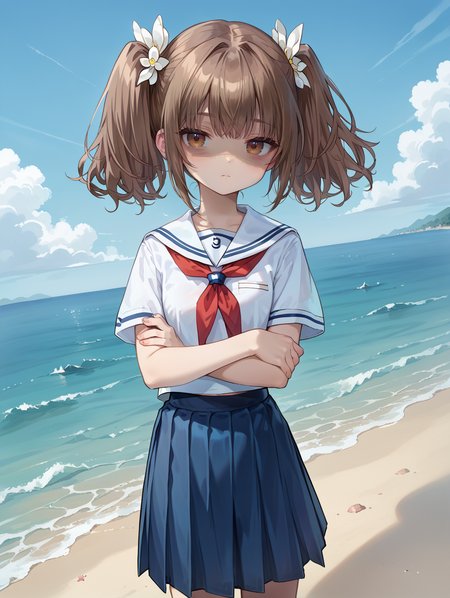 score_9, score_8_up, score_7_up,source_anime,
1girl,(cute:1.1),solo,shiretoko rin,school uniform,serafuku, brown eyes, brown hair,twintails, hair white flower,short sleeves, skirt, blue skirt, pleated skirt,(shaded face:1.2),half-closed eyes,red neckerchief,white sailor collar,white shirt,sea,blue sky,standing,looking at viewer,crossed arms, dutch angle,
 <lora:style07:0.7>