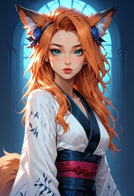 Stable_Yogis_PDXL_Positives, (score_9, score_8_up, score_7_up), <lora:Witchkiri-30:0.9>, <lora:sxz-valorant-smol-v2-pdxl:1>, <lora:detail-tweaker-xl:0.5>, <lora:EnvyPonyPrettyEyes01:0.25>, <lora:sinfully_stylish_SDXL:0.8>, valorant style, ((face focus, eye focus, dynamic angle, motion)), (intricate details, detailed face, detailed eyes, super-detailer-bsy, detailifier, detailed skin, detailed hair, hyper-detailed, ultra-detailed, sexiness enhancer),
BREAK,
(1girl, solo), fantasy, (kiyoko otomo, corruption of champions, fox ears, fox tail, animal ears, fox girl, green nails, orange hair), (kimono), breathless intimacy, tanned skin, petite model bombshell, heart, young, delicate features, narrow pointy nose, tiny nose, lust, big eyes, seductive eyes, blue eyes, detailed skin, flared lashes, mascara, makeup, perky medium breasts, athletic body, narrow waist, skinny hips,
warm light, detailed, neon dark party
 BREAK
milky way, runes, arcane, astral, surreal, ethereal glow, masterpiece, best quality, intricate design. colorful, moonlit nightsky, stained glass aesthetic, moody whimsical color palette, murano glass, bold soldering lines, volumetric light shining through, crepuscular rays, intricate craftsmanship, detailed texture, luminous transparency, reflective light play, vivid hues, atmospheric depth, enchanting silhouette, art nouveau,
