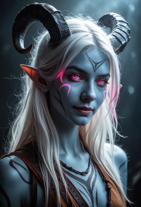 Score_9, score_8_up, score_8, RLSM, Realistic, Realism, Hyper Realistic, 1girl, portrait, beautiful, tiefling shaman, white hair, (long hair:1.3), side bangs, horns, barbarian, gladiator, war paint, tribal markings, long tail, blue skin, pink eyes, glowing eyes, (smug:0.85), dramatic lights, detailed