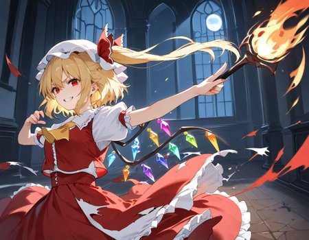 score_9, score_8_up, score_7_up, BREAK 
source_anime, best quality, masterpiece, rating_safe <lora:sdxl_lightning_8step_lora:1> BREAK 
1girl,  BREAK 
<lora:flan_nrm_v2_pony:1>flanN, flandre scarlet, (blonde hair:1.2), side ponytail, red eyes, red hair bow,hair between eyes, slit pupils, white headwear,
white puffy sleeves,white sleeves, short sleeves, red vest, yellow ascot, red skirt, frilled skirt, frills,burnt clothing, torn clothing, holding weapon, holding fire sword, 
looking at viewer, looking up, evil grin, fighting pose, fighting stance,fight, standing, motion blur, inside, depth of field, corridor, victorian, side view, upper body, 
wind,magic circle, magic effect,fire, fire effect,air manipulation, fire manipulation, broken wall, broken floor, broken window, debris, night sky, night, moon, moonlight,
