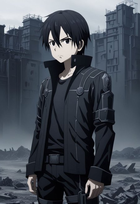 high resolution, professional photography, best quality, 1Boy, Kirigaya Kazuto, Black Hair, Black Eyes, overalldetail, dystopia, black jacket, black shirt, serious looking, black pants, armor, dark fantasy