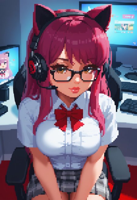 ( glasses, perky breasts, lips, long hair, erotic, thin:1.2), A cute streamer girl, long flowing magenta hair, sitting in her gaming chair,((streamer)), brown eyes, long eyelashes, kawaii school uniform,cat ears, her face lit by computer screen, dim lighting, ((gaming setup, gaming chair, gaming monitor)), streaming setup, 20 years old, curvy, focus on face, face near viewer, ((headphones)), (having cowgirl sex with her boyfriend), (from above). Highly detailed beautiful expressive eyes.  35mm photograph, film, bokeh, professional, 4k, highly detailed dynamic lighting, photorealistic, 8k, raw, rich, intricate details.