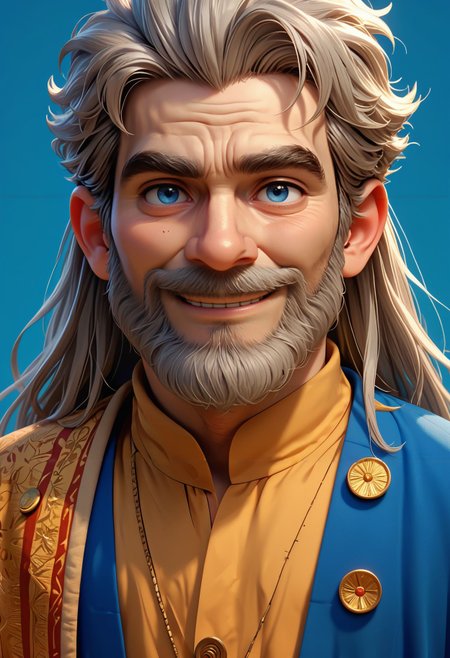 score_9,score_8_up,score_7_up,  <lora:3d_render_pdxl_goofy:1>3d render, 1boy, male focus, facial hair, beard, blue eyes, thick eyebrows, smile, grey hair, long hair, looking at viewer, coin, upper body, blue background,old man