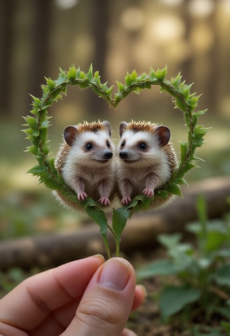 smolcute, tiny, a heart-shaped heart made of leaves there are two hedgehogs in the forest close to each other, professional photo, blurry soft background