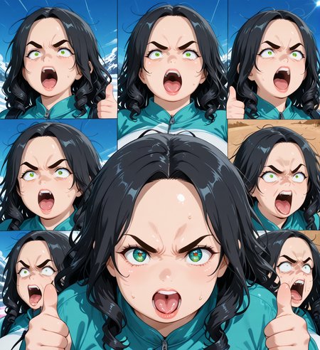 IllusP0s, PonyScores7, source_anime, ah1, IllustriousQual, interesting, exciting, spectacular, wonderful, amazing quality, absolutely eye-catching, very awa,
BREAK <lora:xl_more_art-full_v1:0.2>, <lora:aesthetic_anime_v1s:0.2>, <lora:detailxl:0.2>, detailxl, amazing quality, best aesthetic, absurdres, illustration, Volumetric_Lighting, ultra-detailed, very aesthetic, intricate details, best_quality, lazympos, <lora:Add_Details_v1.2:0.4>, <lora:quality_modifiers_masterpieces_v1:0.2>, anime style, <lora:HDA_Detailer:0.3>, <lora:natsumi_style:0.2>, <lora:by_usakun-pony:0.2>, by usakun, <lora:Akina_Bbw_Style_-_PonyXL:0.2>, AkinBw,
BREAK (((skiing, jumping over viewer))), dynamic pose,
BREAK 1girl, mature female, (curvy), round-chin, caucasian, <lora:ETO_OC_Illustrius:0.5>, eto_oc, skindentation, (plump), thick thighs, wide hips, busty, voluptuous, round ass, gigantic breasts, <lora:plussizegirls_IL:0.3>, <lora:plussizegirls_pony:0.3>, <lora:shinyskin2:0.2>, glistening skin, HDA_FatGirlXL, <lora:perfection style:0.2>, perfection style, perfection, 
BREAK ((two-sided dress)),
BREAK (curly hair), long hair, (black hair:1.4), (parted hair:1.7), messy hair, kinky curls, detailed hair, <lora:hairdetailpxl:0.2>, hairdetailpxl,
BREAK (half green and brown eyes), (colorful eyes), (multicolored eyes), (downturned eyes:1.4), expressive eyes, perfect eyes, eyes hd, detailed eyes, (round face:1.2), (thick eyebrows:1.3), (plump face), lips, <lora:Round_face:0.2>, iris lines, <lora:Detailed eyes-Illustrious:0.3>, iris and pupil, soft shimmer on the iris,
BREAK (((exaggerated expressions, insane face, wide eyes, angry expression, close-up face, frown, open mouth, tounge, thumbs up, constricted pupils, parody, meme, dramatic expression))), Expressive, emotional, looking at viewer, Face Detailed, <lora:Expressive_H:0.2>, Expressiveh, <lora:Emotional_Anime_Expressions_PonyXL_Concept:0.2>, <lora:Best_Facial_Expression_LoRA_PONY:0.2>, looking at viewer, <lora:Detailed expressive EXEV style -XL Pony V1.0:0.2>, FaceDetail, <lora:Best_Facial_Expression_Helper_XTREME_ILLU:0.4>, kaogei,
BREAK (((desert sand under moonlight))), (((Eye-level angle, head focus))), 4k, 8k, Ultra HD, Masterpiece, Best quality, Detailed background, foreshortening, extreme perspective, full_details, <lora:AddMicroDetails_Illustrious_v4:0.3>, addmicrodetails,