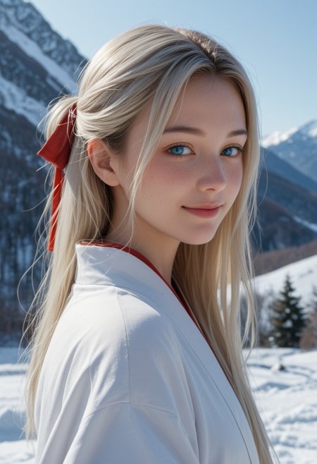 score_9_up, score_8_up, score_7_up, score_6_up, 1girl, solo, 25 years old, perfect face, (adult), sexy, 
detailed face, blush, shy smile, portrait, face focus, depth of field, looking at viewer, close up,
blue eyes,
white hair, long hair, hair ribbon, red ribbon, 
japanese clothes, white kimono, red ornament, 
winter, snow, mountains, scenery,