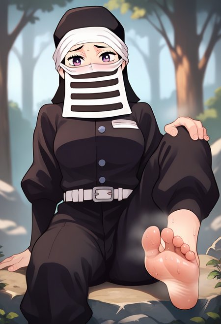 score_9, score_8_up, score_7_up, source_anime, masterpiece, 1girl, ctiankakushi, purple eyes, medium breasts, black headwear, mouth mask, black uniform, white belt, black pants, knee up, sitting, rock, feet, foot focus, soles, tabi, zouri, sweat, smell, blush, looking at viewer, outdoors, forest, depth of field, sunny, daytime, <lora:Kakushi_Pony_ct:0.8>