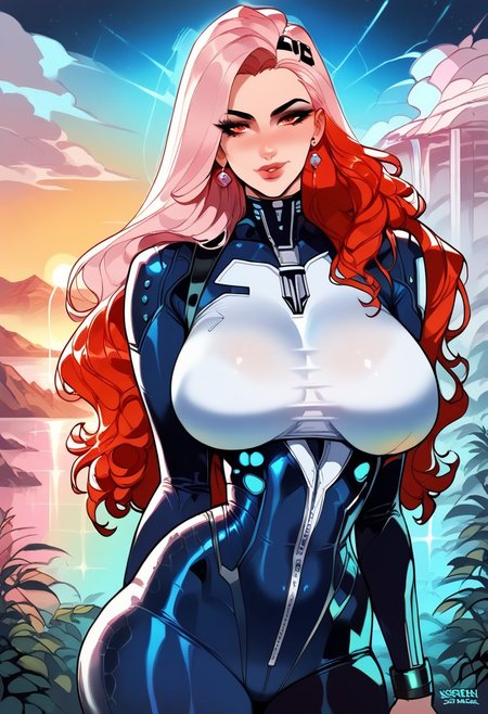 score_9, score_8_up, score_7_up, high quality,    qu4ntum, FemTerminatorCos,   (( qu4ntum, voluptuous, large breasts,   bodysuit)),   sexy,  geometric qu4ntum shapes in the background,     long hair,   love,   multiple hair color, milf,    love, happy,   looking at viewer,   vaporwave,  Colored Hair, 80s Hairstyle,  (sunset landscape view,  submissive, :1.4) , Expressiveh,