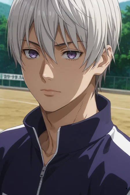 score_9, score_8_up, score_7_up, source_anime, rating_safe, , anime screencap, , , , depth of field, 1boy, solo, male focus, <lora:eishi_tsukasa_pony:0.78>, eishi_tsukasa, white hair, purple eyes, short hair, hair between eyes, , track jacket,, <lora:sdxl_lightning_8step_lora:1>