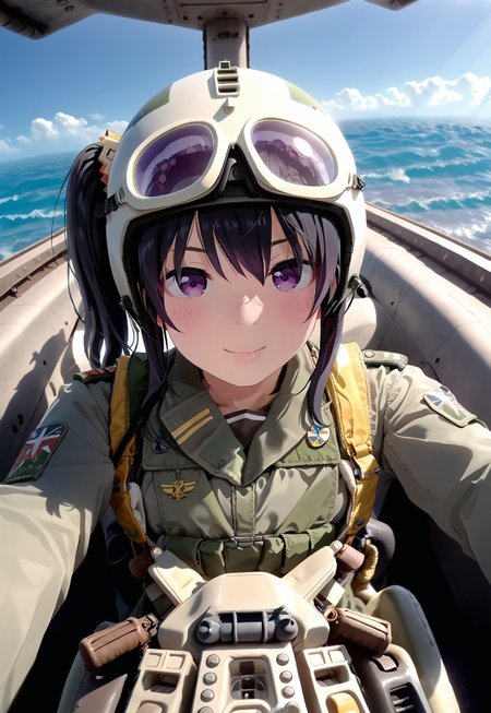 Tsubaki-chan, black hair, side ponytail, purple eyes, sitting, sky, helmet, f-14, formation flight, wingman, scenery, ocean, realistic, military vehicle, military uniform, selfie, cockpit, pilot