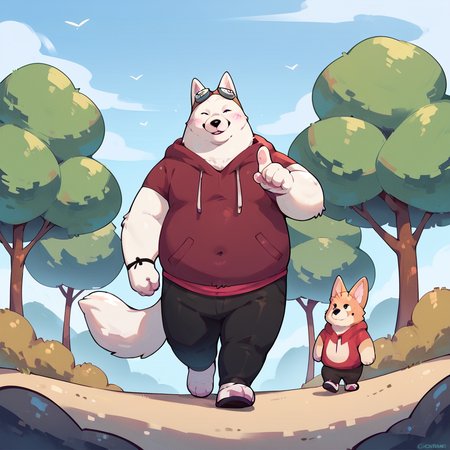score_9, score_8_up, score_7_up, score_6_up, score_5_up, score_4_up, cori, dog, chubby, fat, hoodie, goggles, pink cheeks, white fur, outside, walking, side profile, pointing forward, looking backwards, <lora:Cori_Breeze_In_The_Clouds_PonyXL:0.80> cori