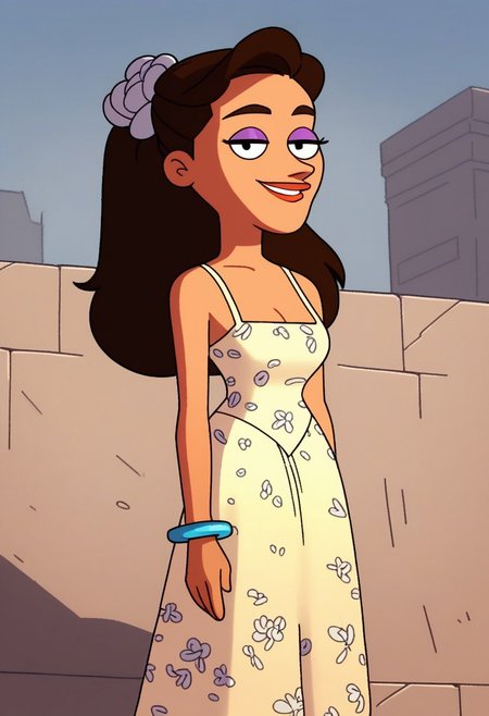 standing cleavage, looking at viewer, smile, upper body, outdoors, score_9, score_8_up, score_7_up, score_6_up, high quality, Shannon_ad, 1girl, solo, brown hair, makeup, purple eyelashes, yellow dress, sleeveless dress, bracelet, white high heels